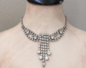 Vintage Jewelry Rhinestone Necklace, Bridal Necklace, Clear Rhinestone Statement Necklace, Wedding Jewelry Collar Necklace for Women