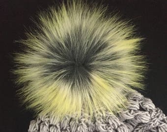 Lemon Drop Faux Fur Pompom / Neon Yellow Tipped Fur / Grey Fur Hat Topper