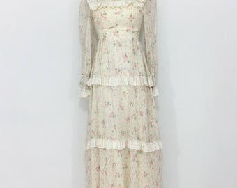 Vintage Gunne Sax Style Cream & Pink Rose Maxi Dress XS/S