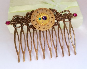 Gothic Steampunk Vintage Bronze hair accessory watch face clock gear cog crystal comb Israel Hand made