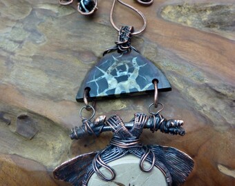 Fossil Cricket with Ginkgo Leaf and Septarian on Copper-Handmade in the USA