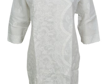 Womans White Tunic Cotton Floral Hand Embroidered Elegant Indian Kurta Caftan Dress S/M