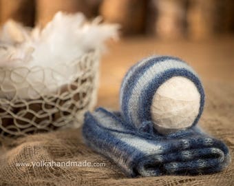 Newborn mohair wrap and bonnet set - handmade knitted, newborn boy, newborn photo props