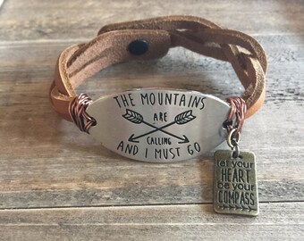 The mountains are calling and i must go brown braided leather bracelet