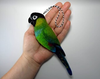 Nanday Conure, periquito encapuchado de negro, aguja de fieltro adornos de aves