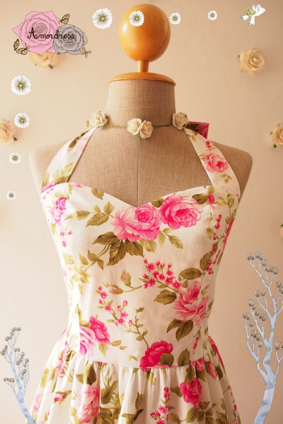 Items similar to Pink Floral Tea Dress Pink Floral Dress Vintage Floral ...