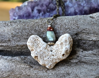 Coral Heart Necklace w/ Labradorite - Natural Coral Jewelry - Mermaid Jewelry - Beach Jewelry - Organic Necklace - Hippie Jewelry Boho Chic