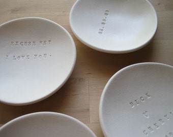 personalized custom tiny text bowl, ring holder, jewelry dish, with words or names, by Paloma's Nest