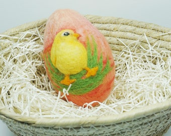 Easter Gift - Needle Felted Egg - Large Size - Yellow Chick on Shades of Coral Red - Easter Felt - Easter Decor - Needle Felting