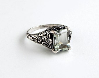 Sterling Prasiolite Ring: Sterling silver, green amethyst, antique style filigree, Edwardian jewelry, Art Deco, made to order, sizes 4 - 9