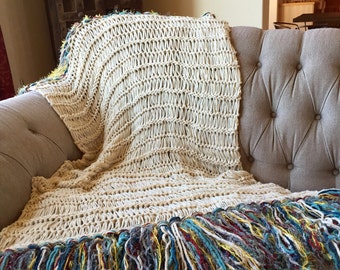 Afghan Blanket Throw, Knit with Color Fringe Throw Blanket Afghan Ivory, Turquoise, Red, Yellow, Grey Cream Throw Afghan Blanket