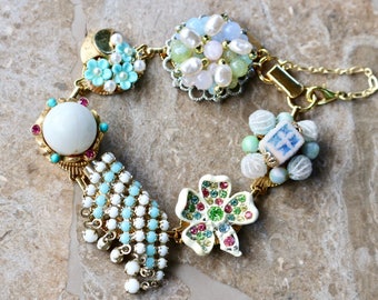 Vintage Earring Bracelet, Bridesmaid Gift, Baby Blue, Pink, Pastel, Gold, Milk Glass, White, Boho, Edgy, gift for her, Jennifer Jones OOAK
