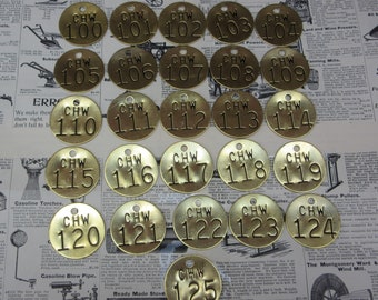Lot of 26 Brass Tags Metal Number 100-125 Tags Stamped Tags Industrial Old Metal Tool Check Tokens vtg Salvaged Upcycle Jewelry Crafts Art