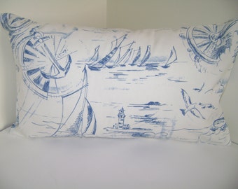 Nautical Lumbar Pillow Cover, 12''x20'' Blue Sailing Pillow Cover, Beach Decor Pillow Cover