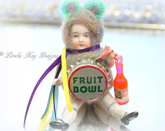 Fruit Bowl Soda Pop Bear Needle Felted Doll Anthropomorphic Art Doll German Doll Parts Dollhouse Doll Lorelie Kay Original