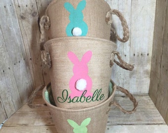 Personalized Burlap Easter Basket. Easter Egg Hunt Pale. Professional Vinyl Pressing. Order Now in Pink, Blue or Green. ON SALE