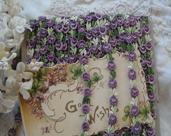 1y Vintage 1/4" Ombre Purple Green Schiffli Venise Petite Flower Applique Lace Embroidered Trim French Bebe Doll Ribbon Novelty Sewing