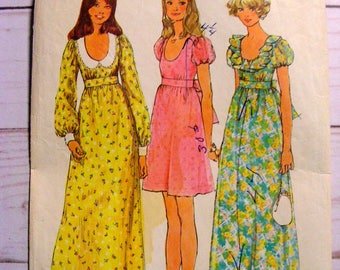 Mini or Maxi Scoop Neck Prom Worthy Empire Waist Dress | Puff LS SS | Misses 8 | Simplicity 5568 | cut used complete vintage sewing pattern