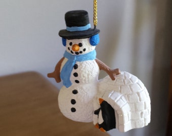 Ceramic Snowman with igloo and Penguin Ornament (#528)