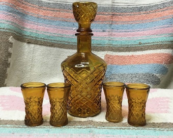 Vintage 1970's Amber Five-Piece Decanter and Glass Set