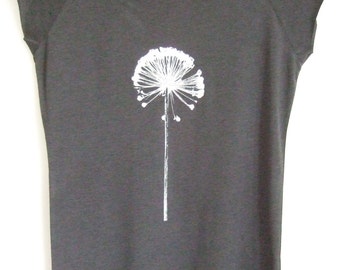 Allium Womens bamboo organic T shirt charcoal grey silver hand printed