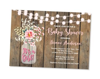 Rustic Baby Shower Invitation, Wood & String Of Lights Baby Shower Invitations, Baby's Breath Mason Jar Baby Shower Invitation