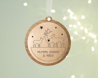 Personalised Christmas Bauble Stag Family Wooden