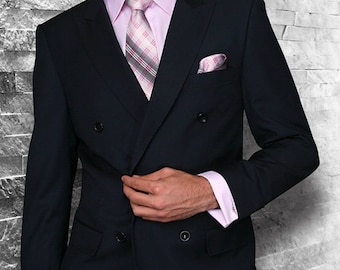 Mens ALBERTO NARDONI Double Breasted Fine Wool Suit Navy Blue Pleat Pants DB-1