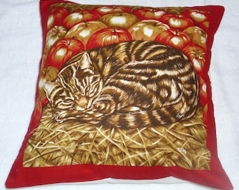 A brown tabby cat curled up in the straw with apples cushion , cotton fabric