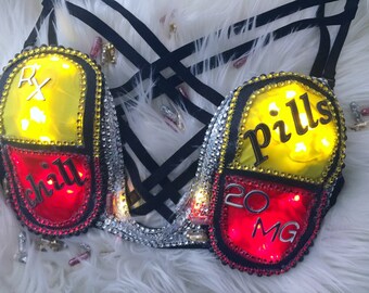 Chill Pillz (LED) Deep Plunge Bra: rave wear, festival, halloween, coachella, edc, edm, cosplayer, cosplay, pills, substance, emoji, bass