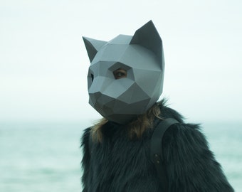 Make Cat Mask, DIY Animal Head, Instant Pdf download, Paper Mask, 3D Polygon Masks,Low Poly,Papercraft Mask,Template,Helmet,Printable, Gift