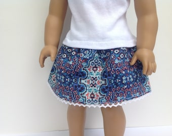 Doll skirt, 18 inch doll clothes, summer skirt, blue print skirt, elastic waist