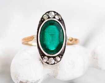 Verde Art Deco anello - argento e oro antico anello size 7 con ovale in vetro - gioielli antichi