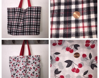 Reusable shopping bag, washable grocery bag, reversible shopping tote, cotton beach bag