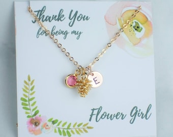 Flower Girl Pinecone Necklace, Personalised Rose Gold Necklace, Initial Disc,Child's Personalised Necklace,Flower Girl Personalised Necklace