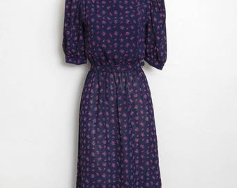 Vintage Secretary Dress / Navy Blue & Pink Floral Print / 1980s Charlee Allison Belted Dress