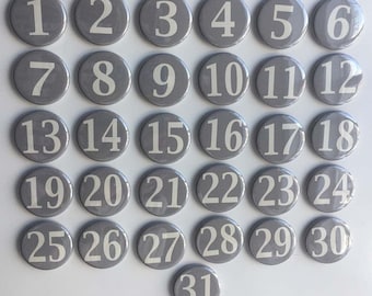 Charcoal Grey Monthly Calendar Magnets - Days of the Month - Perpetual Calendar - numbers 1-31