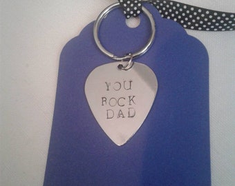Silver hand stamped guitar pick keychain "you rock dad"