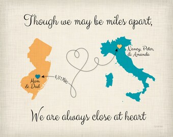 Moving Away Gift Idea, Though we May be Far Apart Quote, Gift for Grandparents, Going Away Gift for Family, Map Art, Any 2 Places, (17b)