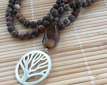 Mala Beads 108 Mediation Tree Necklace Australian Agate Natural Gemstone Black Onyx Relaxation Protection Jewelry