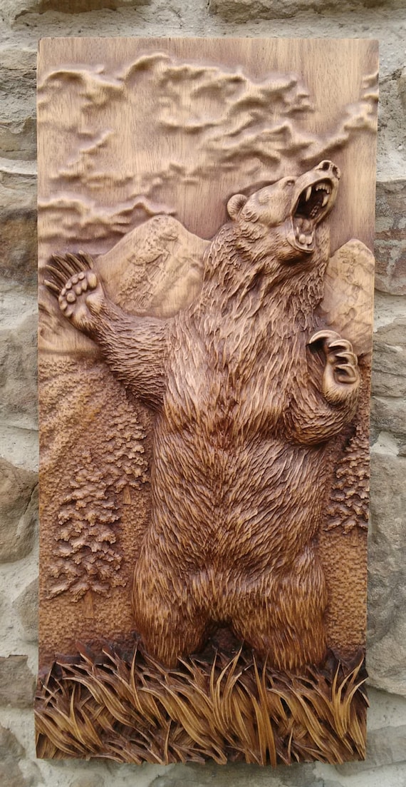 Animal Carved Bear Wood Wall Hanging Home Decor Woodwork Totem