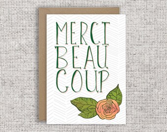 Merci Beaucoup Card | French thank you card, floral hand-lettered card, bilingual, appreciation, just because, friendship, merci, French