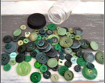 Jar of Vintage Green Buttons - Button Lot - Vintage Buttons - Assorted Green Buttons - Glass Jar