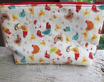 Zippered Pouch | Makeup Bag | Lined Bag | Chicken Fabric | Hens and Chicks Fabric Makeup Bag | Small Gift Under 20 | Camera Accessory Bag
