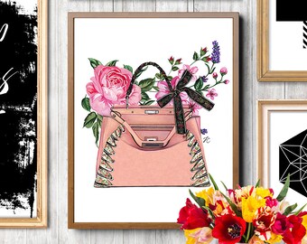 Fashion bag, Fashion bag print, Fashion illustration, Pink bag print, Fendi, Fendi bag,Fendi peekaboo, Fendi illustration,Roses illustration