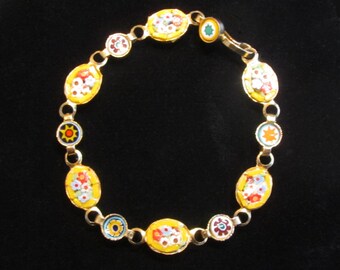 Vintage Gold Tone Multi Floral Micro Mosaic Bracelet