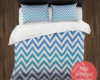 BLUE GREEN Teal Chevron Duvet Cover & Pillow Shams ONLY, Dorm Bedding, College Bedding, Queen King Bedding, Teen Bedding, Comforter Cover
