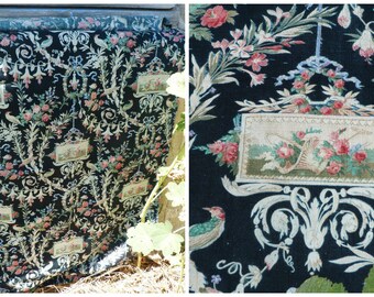 Vintage Antique French Victorian 1890s faded printed cotton fabric Floral Cartouche with basket of flowers 52 " x 33 "