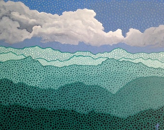 Emerald Dream Original Acrylic Painting Mountains Sky Clouds of Original Design 16" x 20"