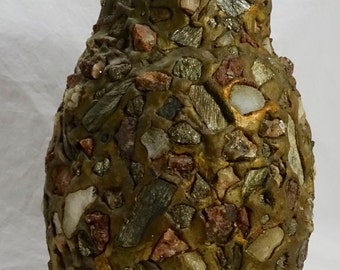 Vintage Pique Assiette Mosaic Assorted Stones Rustic Vase - Pottery, Quartz, Fools Gold - Measures 10 inches tall